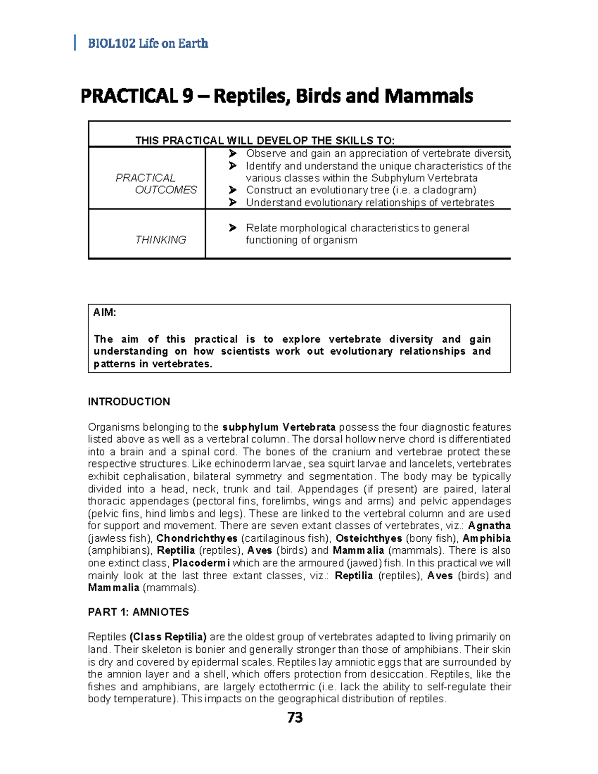 BIOL102 Practical 9: Exploring Vertebrate Diversity and Evolution - Studocu
