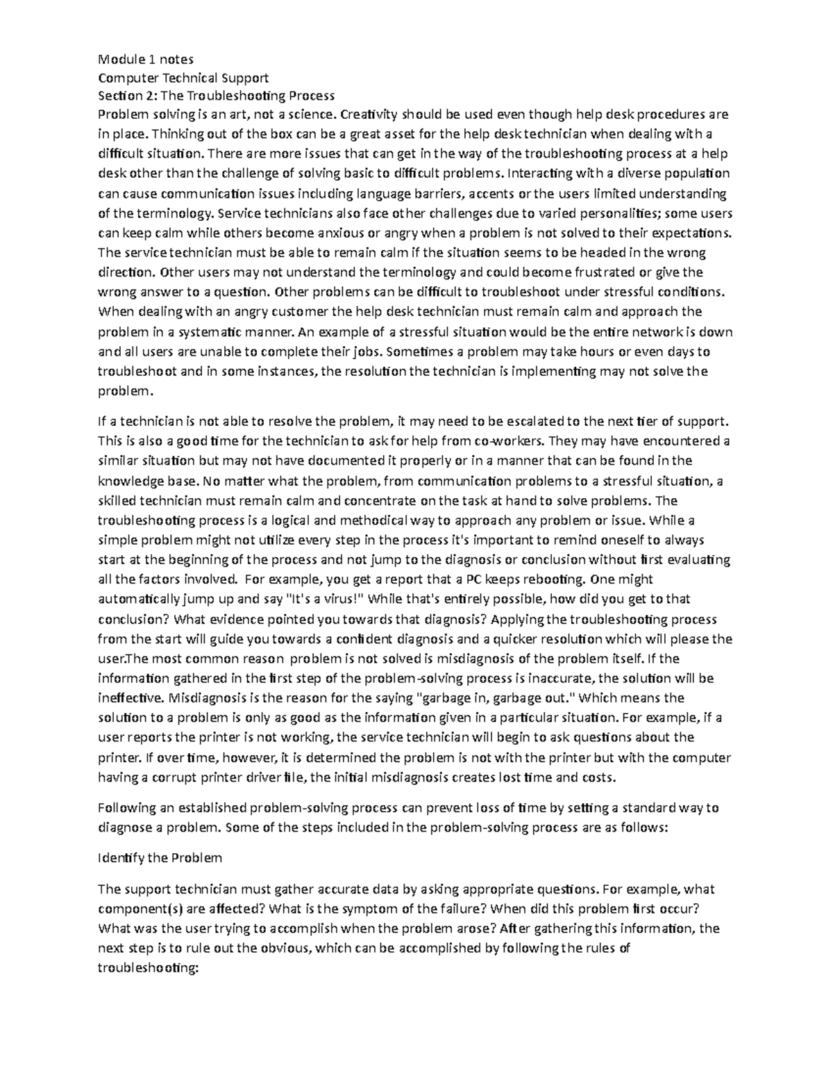 Technical Support Module 1: Troubleshooting Process Notes - Studocu