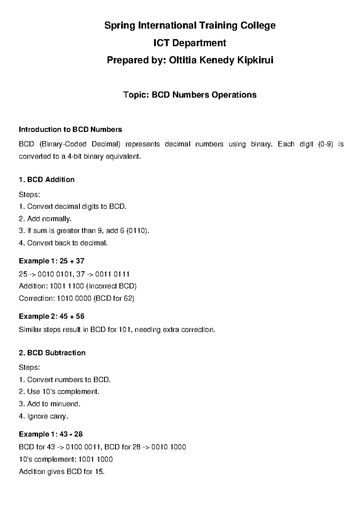 BCD Numbers Operations - Spring International Training College ICT ...