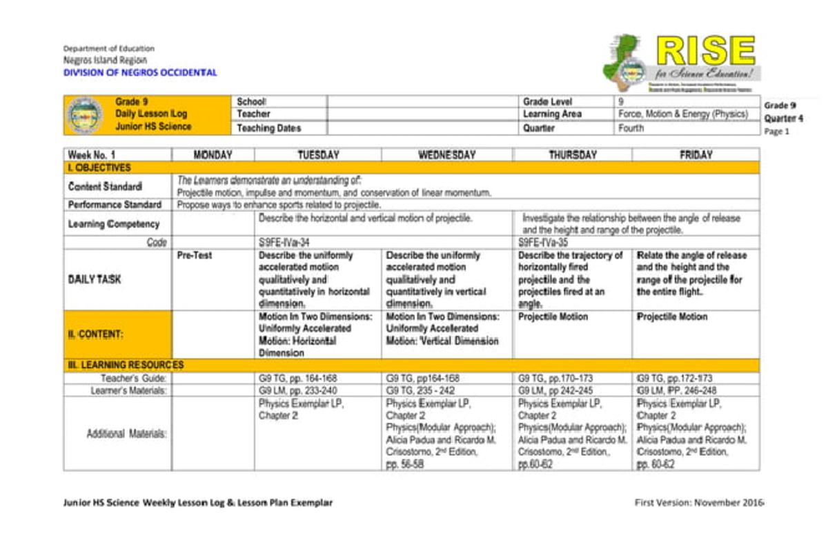 DLL - Physics DLL - Department of Education Negros Island Region RISE ...