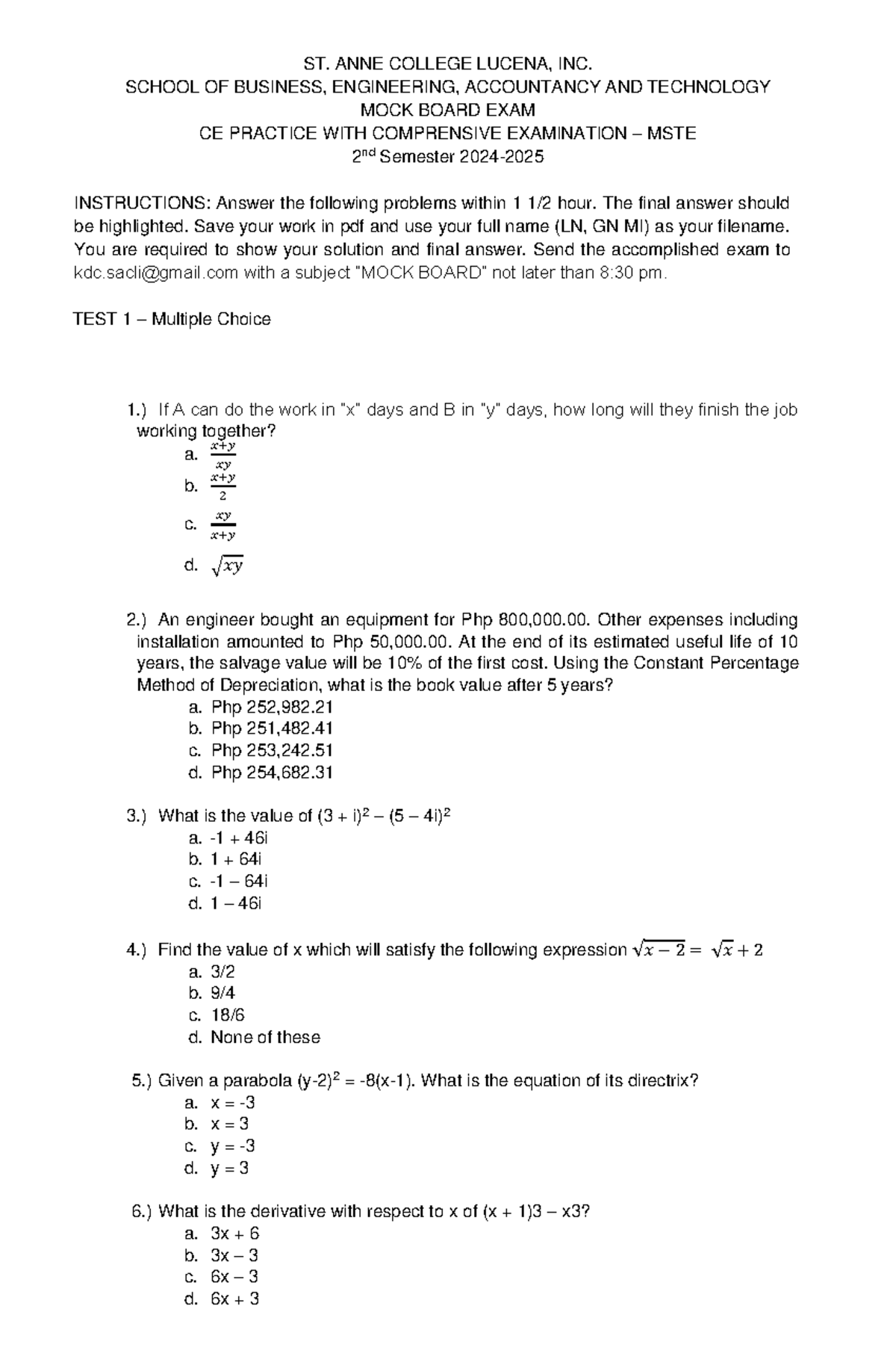 MSTE Mock Board Exam 2024-2025: Comprehensive Practice Test - Studocu
