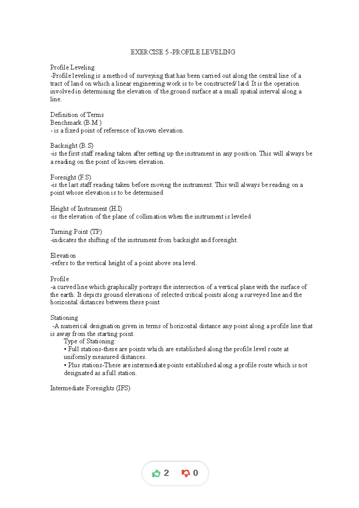 Dlstudocu - Lecture Notes on Profile Leveling and Compass Traversing ...