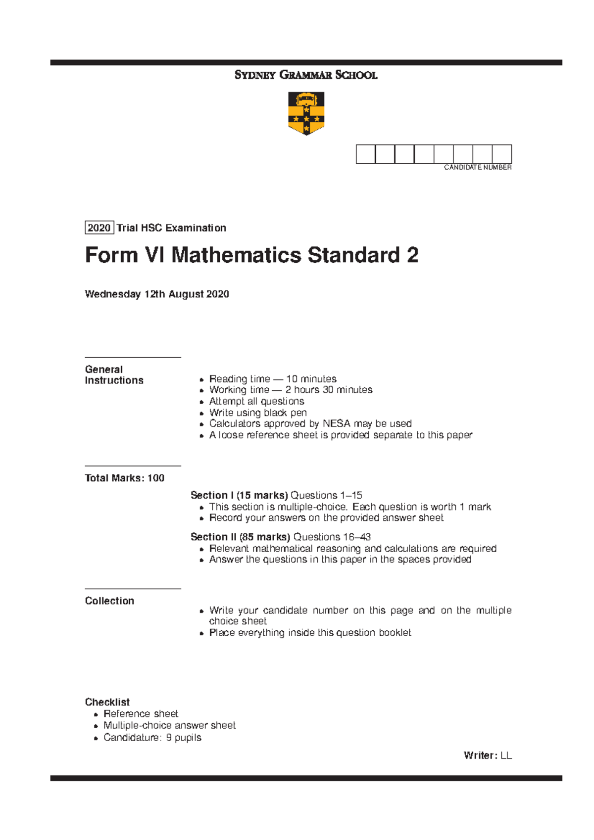 Form VI Mathematics Standard 2 Trial HSC Exam 2020 - Candidate Number ...