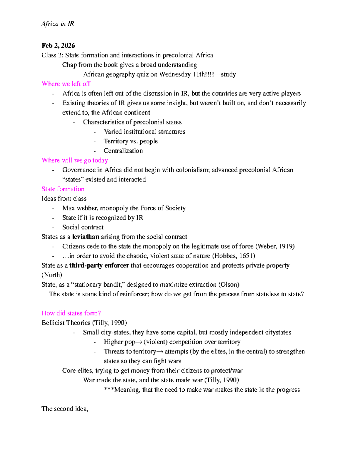 Class 3: State Formation in Precolonial Africa - IR Insights - Studocu