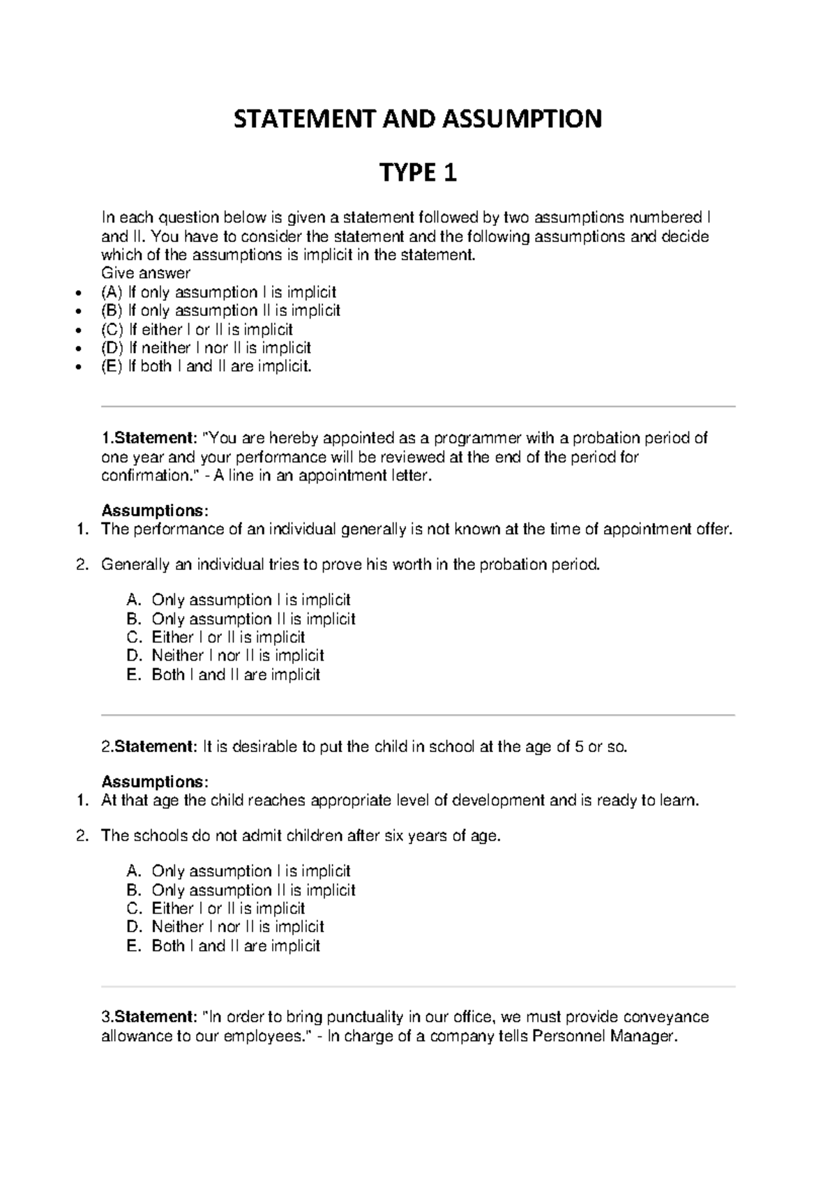 STATEMENT AND ASSUMPTION TYPE 1-4: Implicit Reasoning Analysis - Studocu