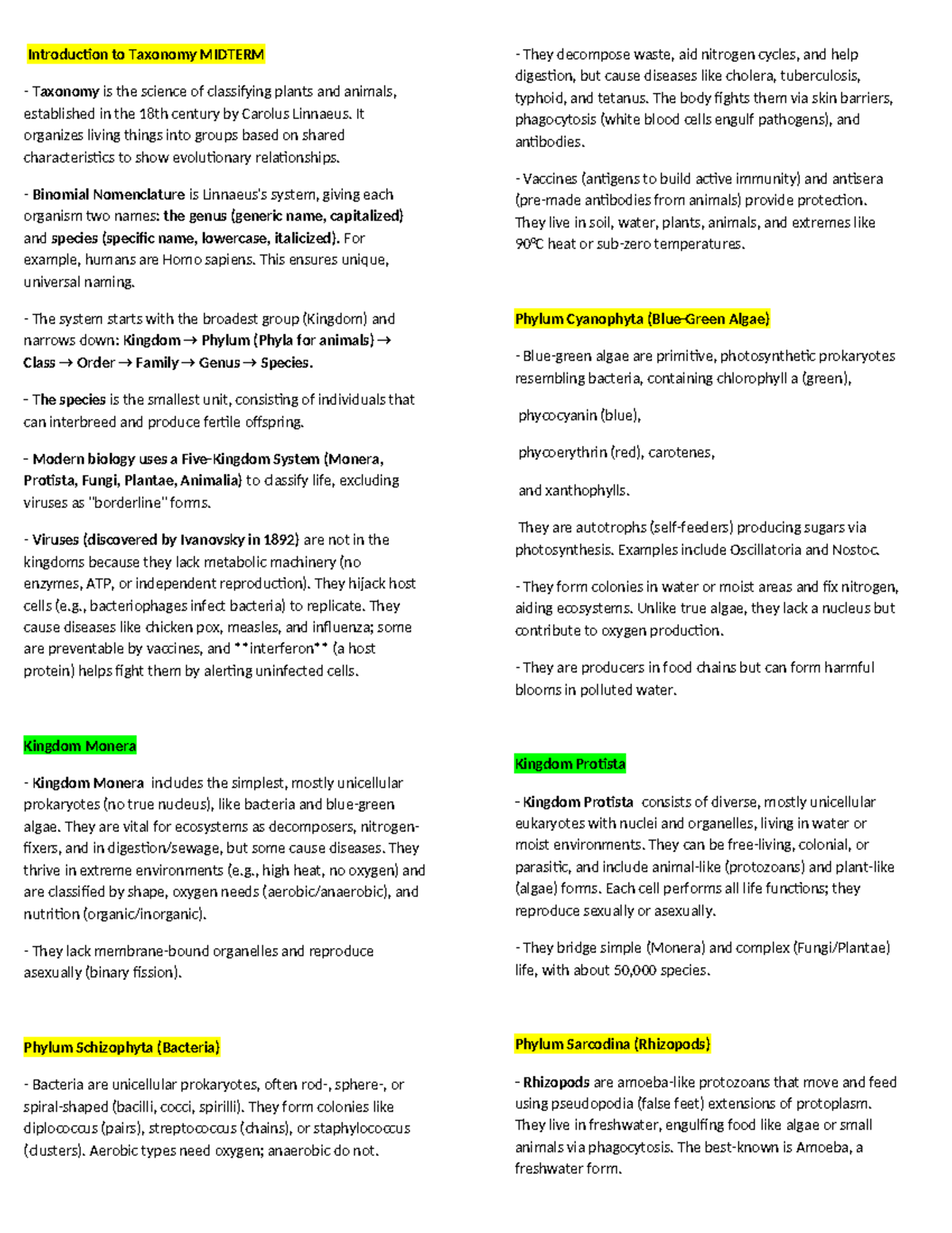 Taxonomy MIDTERM Review: Classifying Life Forms and Relationships - Studocu
