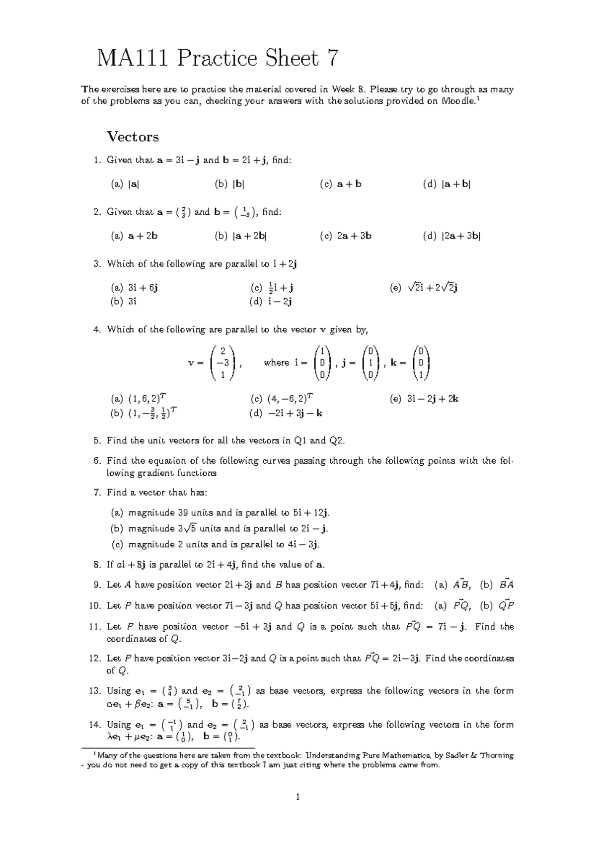 MA111 Practice Sheet 7: Week 8 Vector Exercises - Studocu