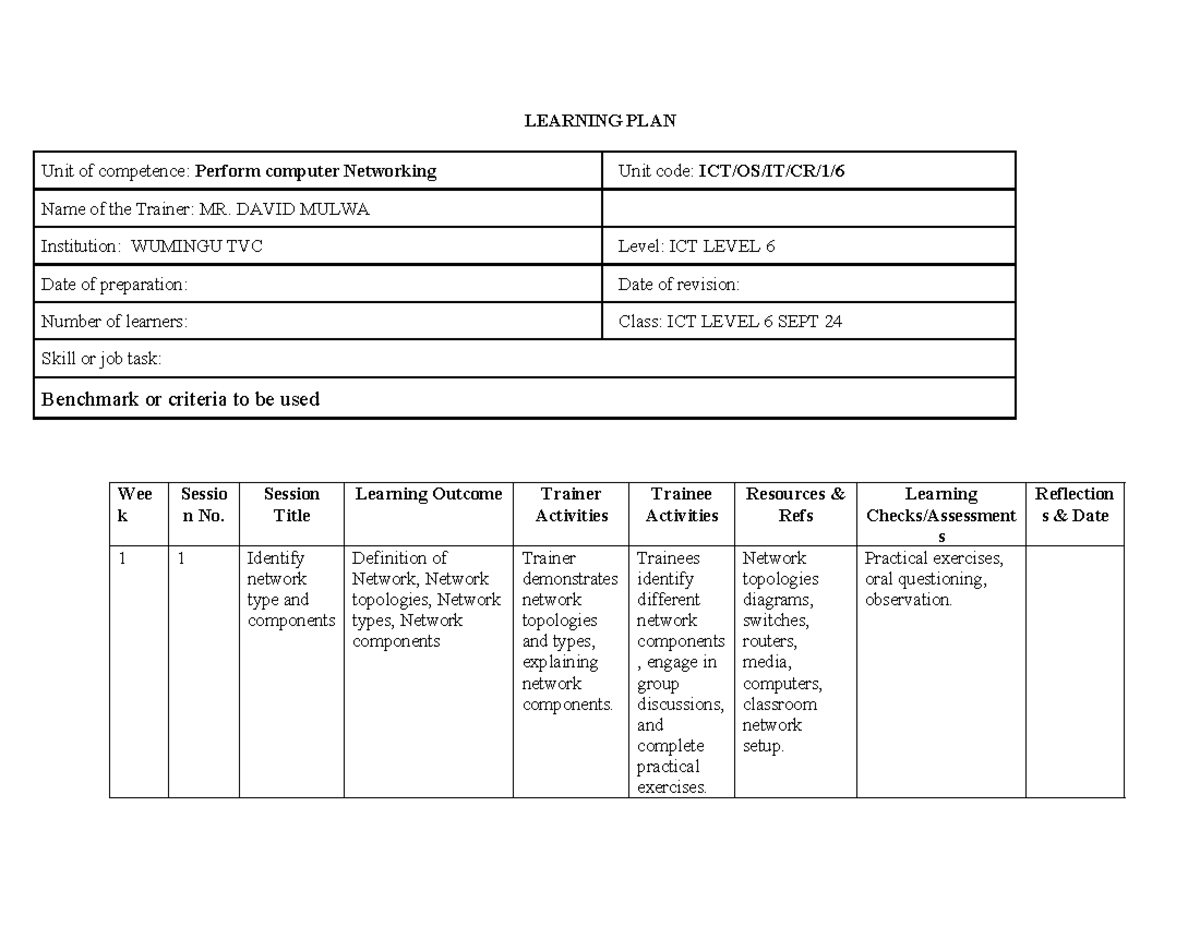 ICT LEVEL 6 Computer Networking Learning Plan - Studocu