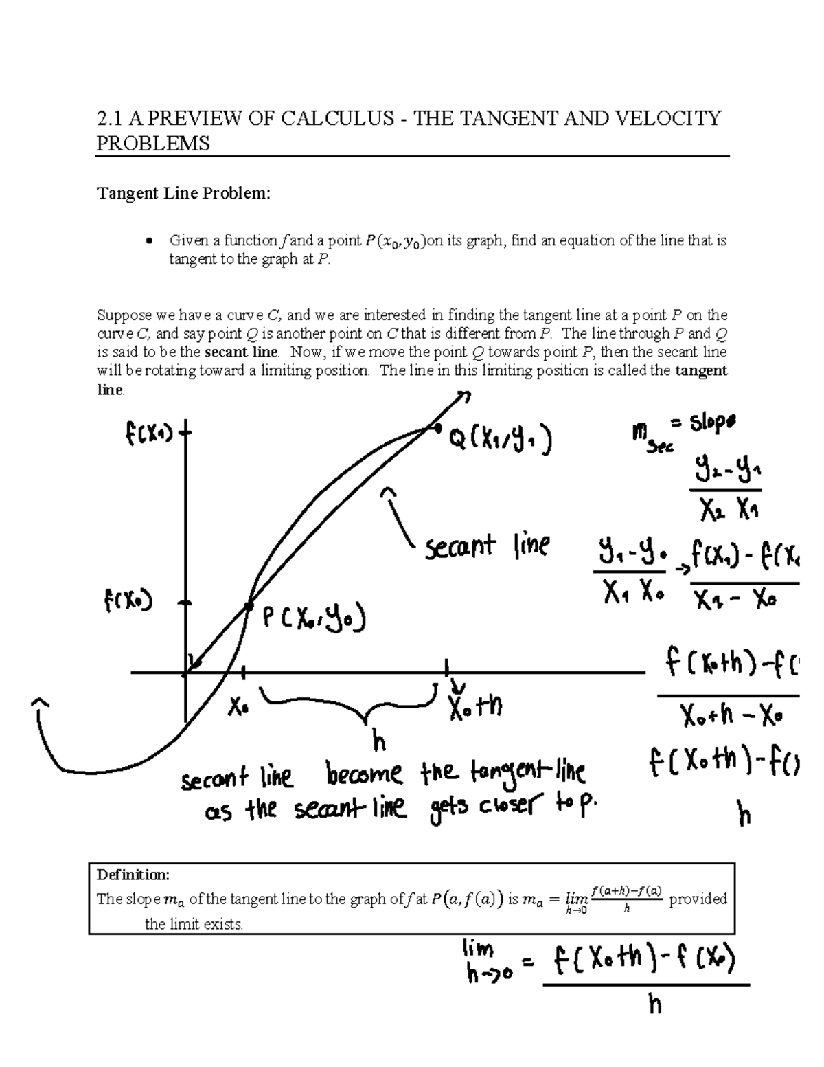 Math 3A: Limits and Continuity Class Notes on Tangents and Velocity ...
