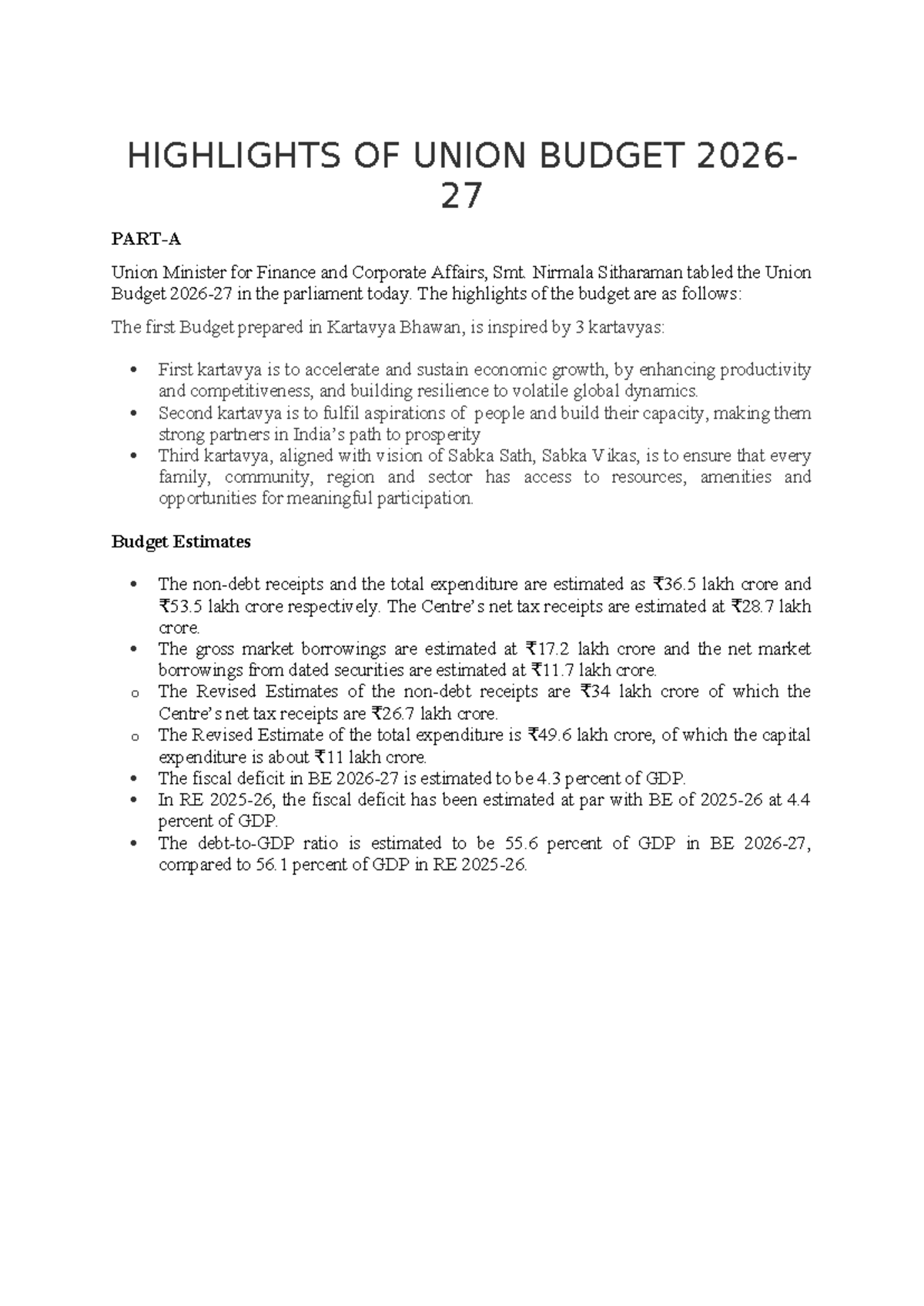 Highlights of Union Budget 2026-27: Key Proposals and Initiatives - Studocu