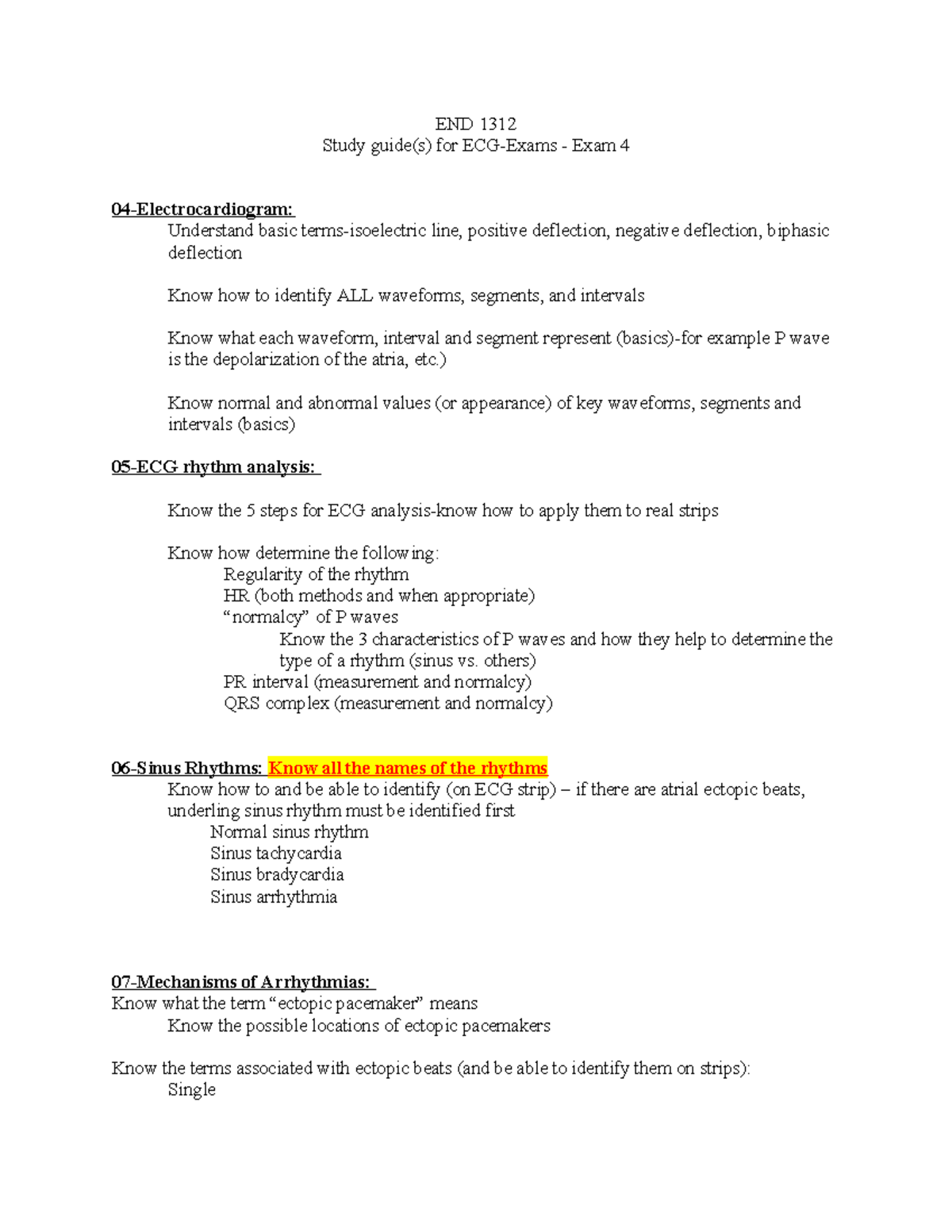 END 1312 ECG Rhythm & Analysis Study Guide for Exam 4 - Studocu