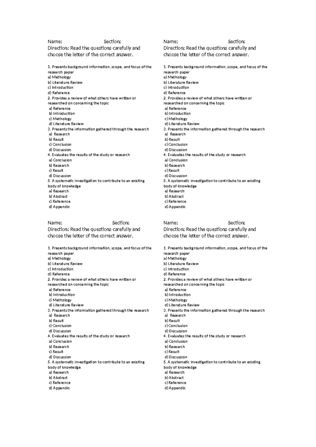 Research Paper Components Quiz: Choose the Correct Answer - Studocu