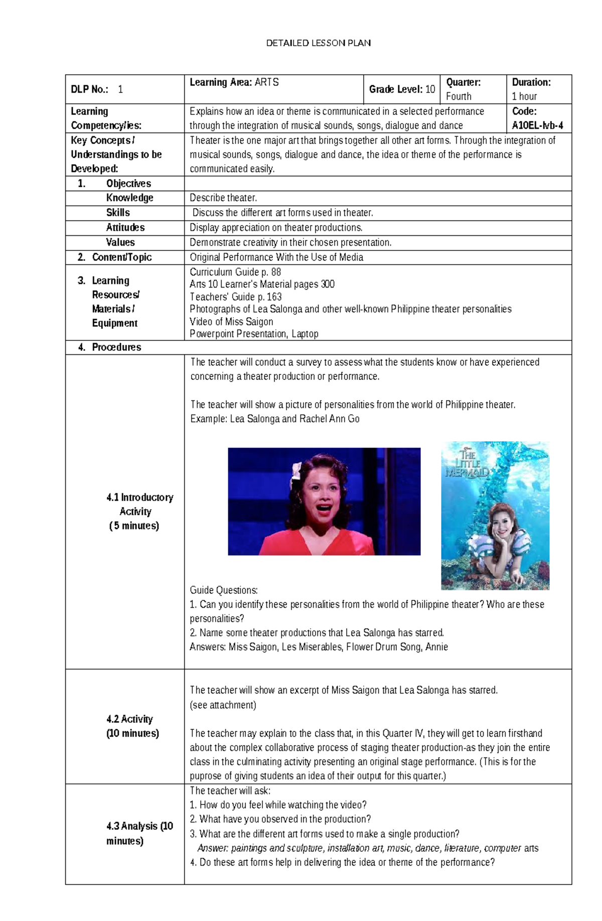 DLP 1 ART Q4 - Detailed Lesson Plan for Grade 10 Arts - Studocu