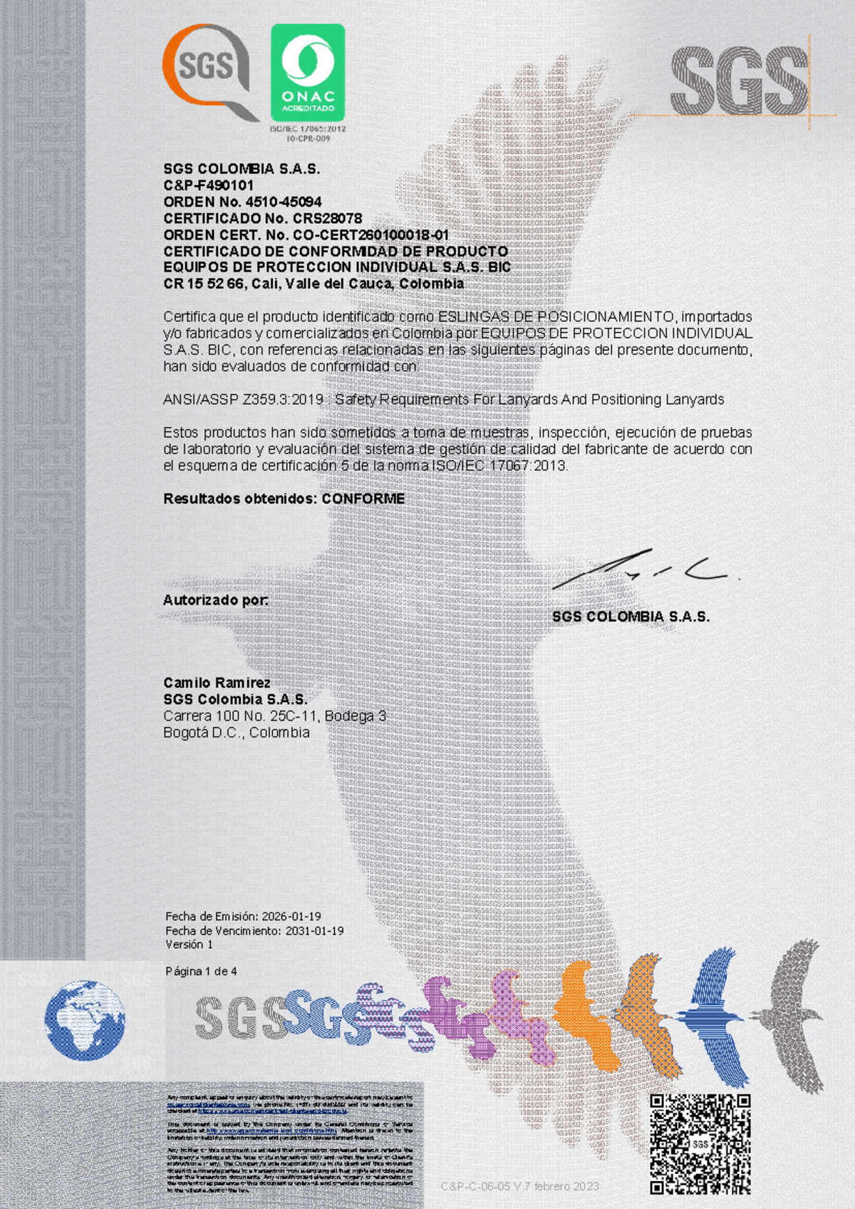 Nuevo Certificado SGS CRS28078: Eslingas de Posicionamiento ANSI Z359-3 - Document Preview