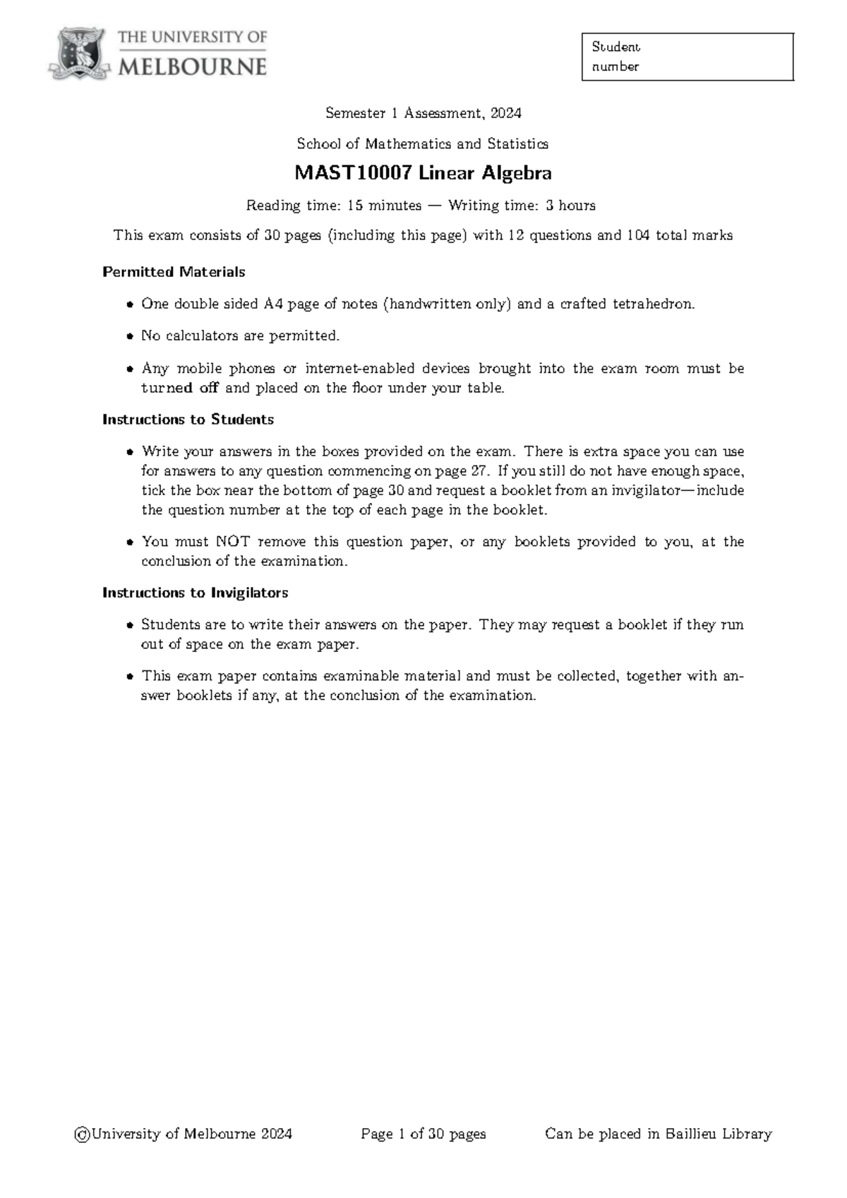 Linear Algebra Semester 1, 2024 Assessment Answers and Solutions - Studocu