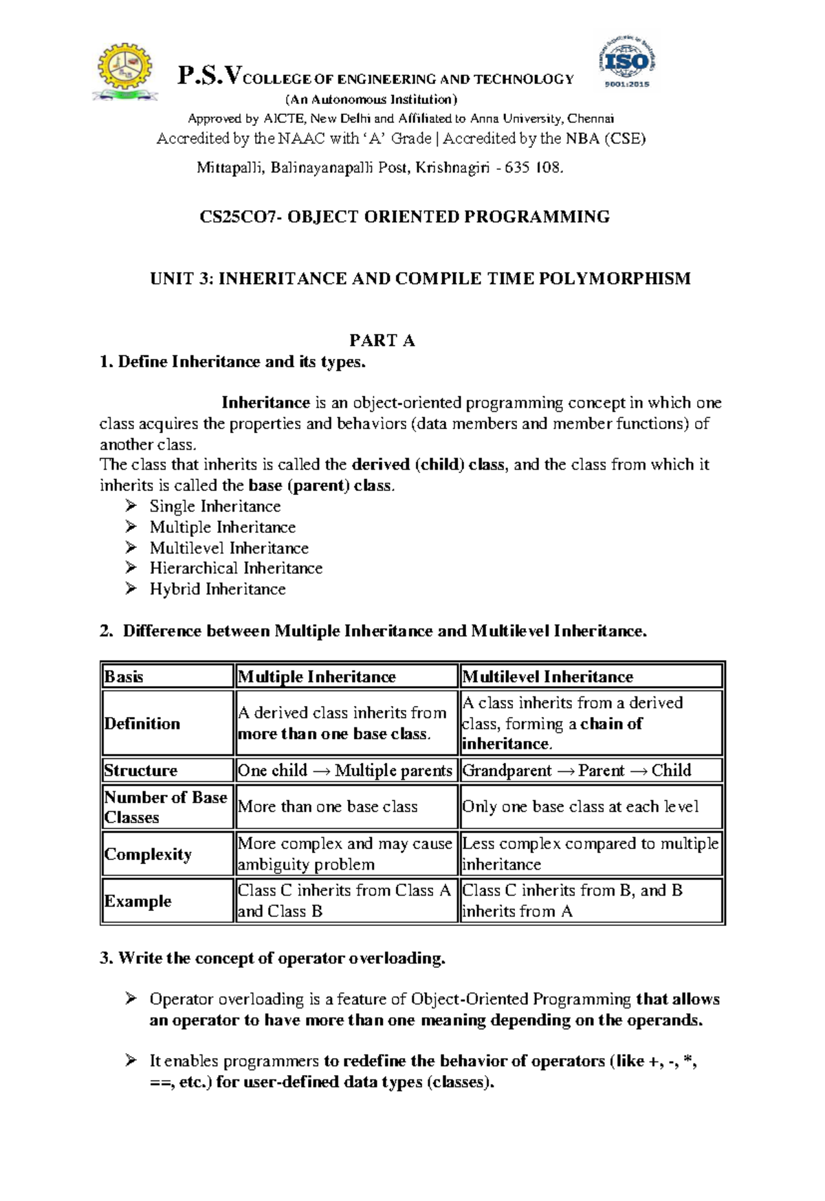 QB UNIT 3 OOPS: Inheritance, Polymorphism & Operator Overloading ...