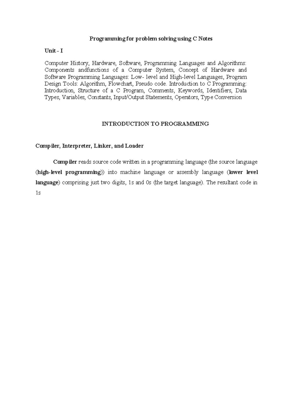 PPSC- UNIT -1 - better - Programming for problem solving using C Notes ...