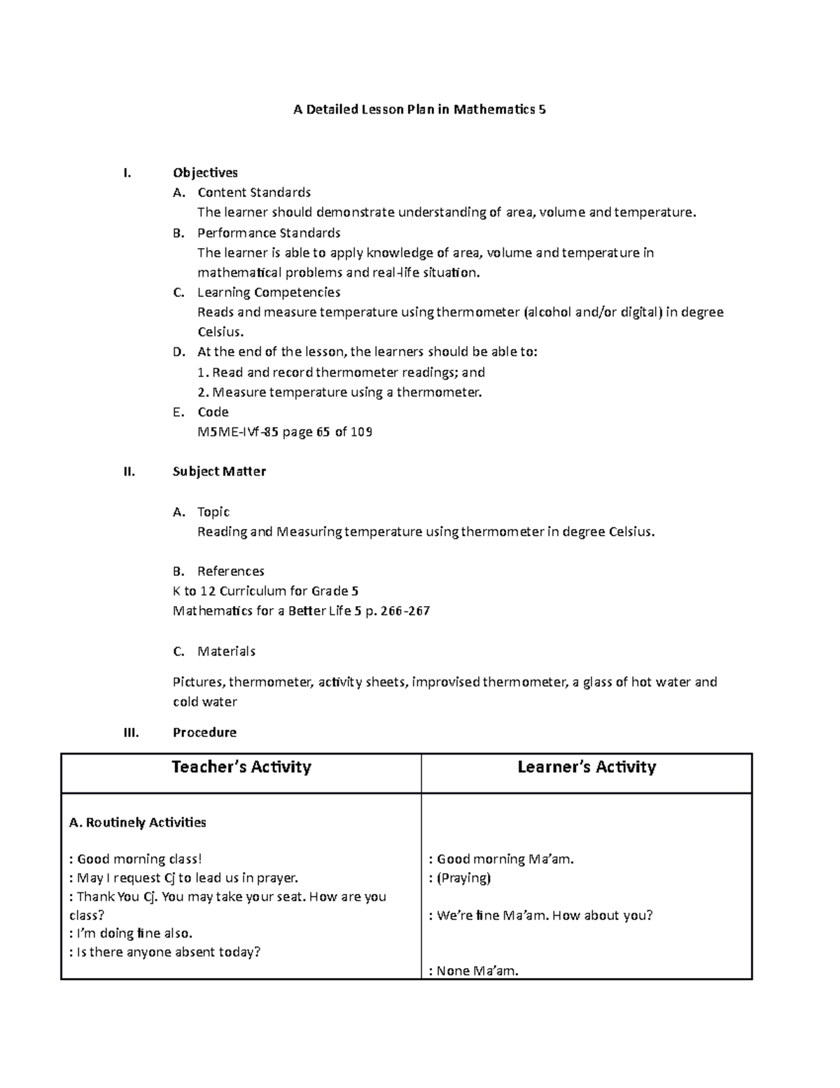 Mathematics 5 Lesson Plan: Measuring Temperature Using Thermometers ...