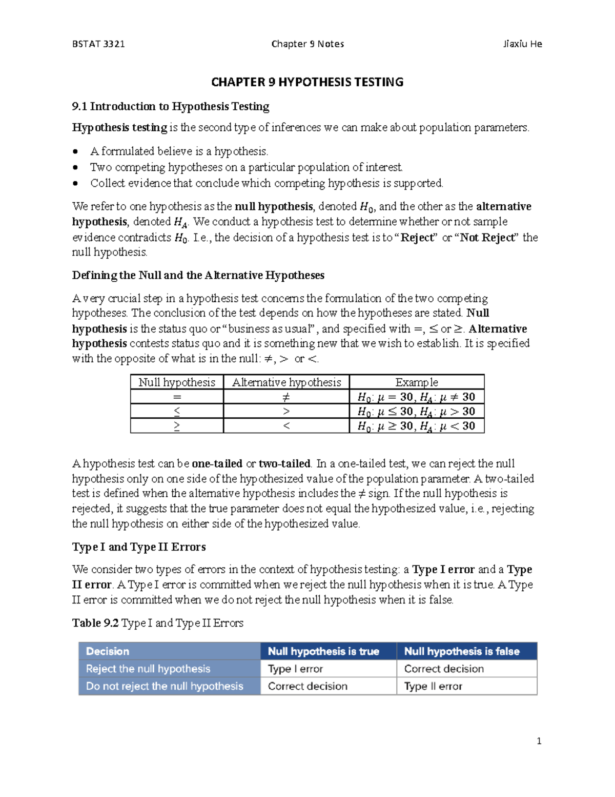 Notes - Chapter 9 - CHAPTER 9 HYPOTHESIS TESTING 9 Introduction to ...