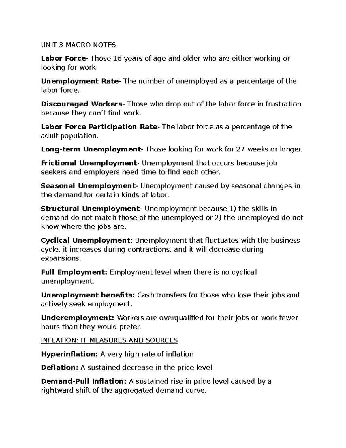 Unit 3 MACRO Notes: Labor Market & Inflation Concepts - Studocu