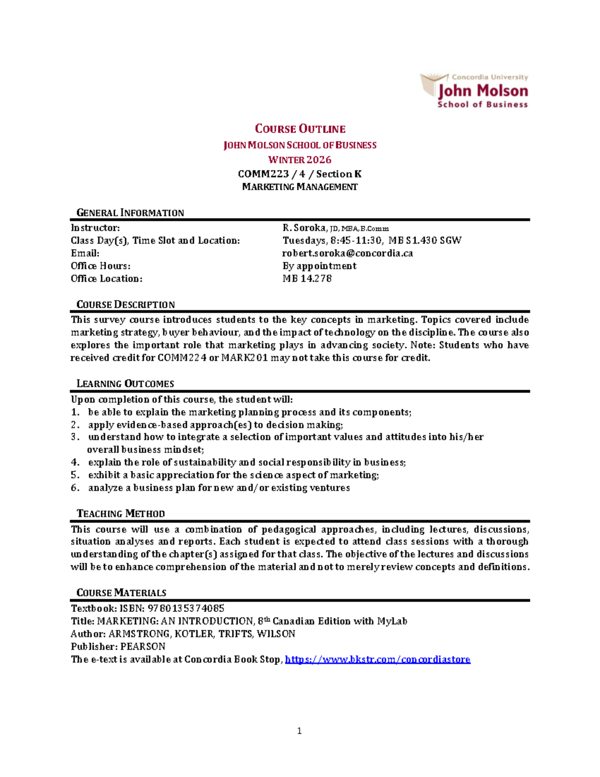 COMM 223 Course Outline: Marketing Management - Winter 2026 - Studocu