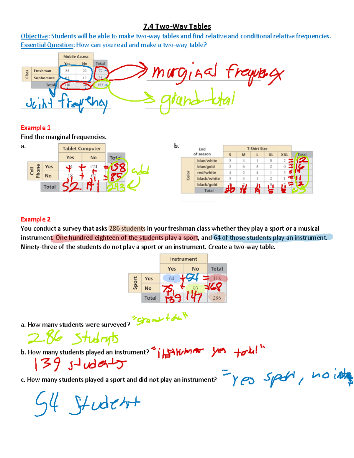 7.4 Two-Way Tables Notes - Noah Hernandez Study Guide - Studocu