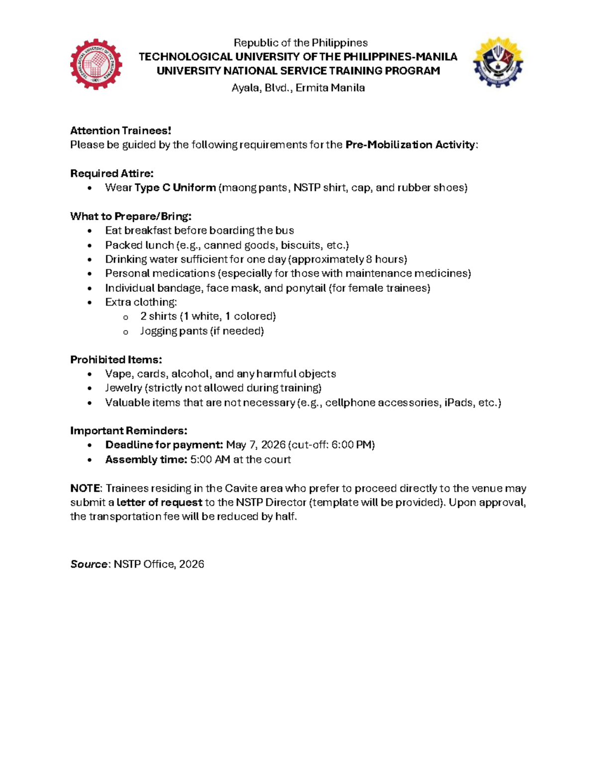 NSTP Pre Mobilization Reminder & Request Letter 2026 - Studocu