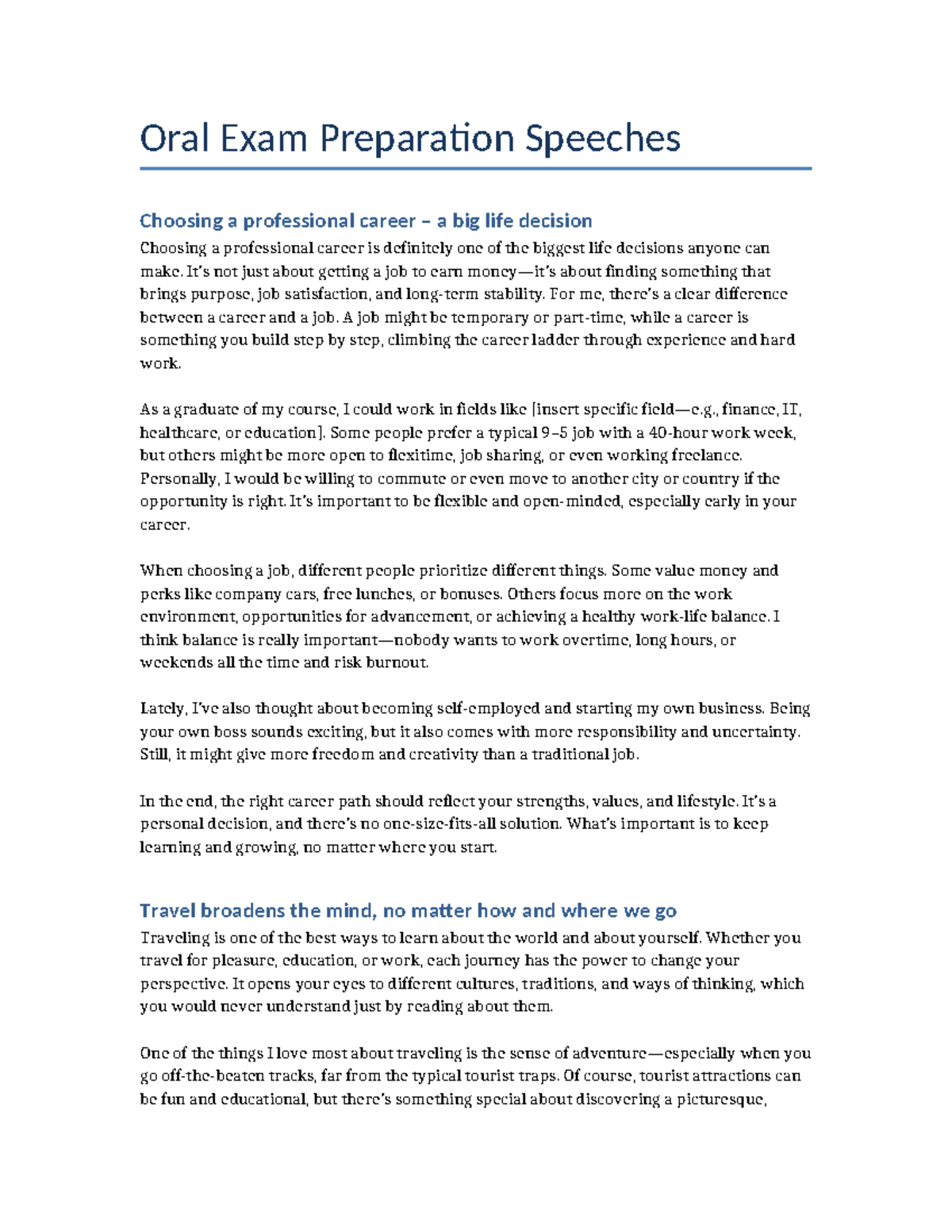 Oral Exam Prep: Career Choices & Personal Growth Insights - Studocu
