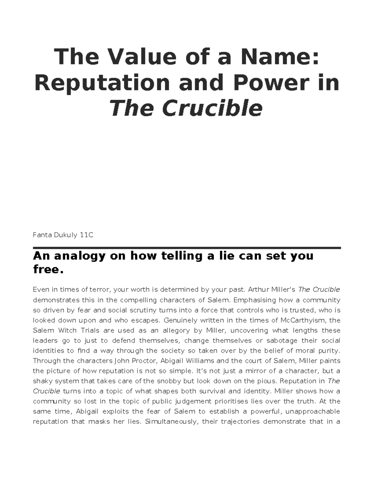 The Crucible: Reputation and Power Analysis - Fanta Dukuly 11C - Studocu