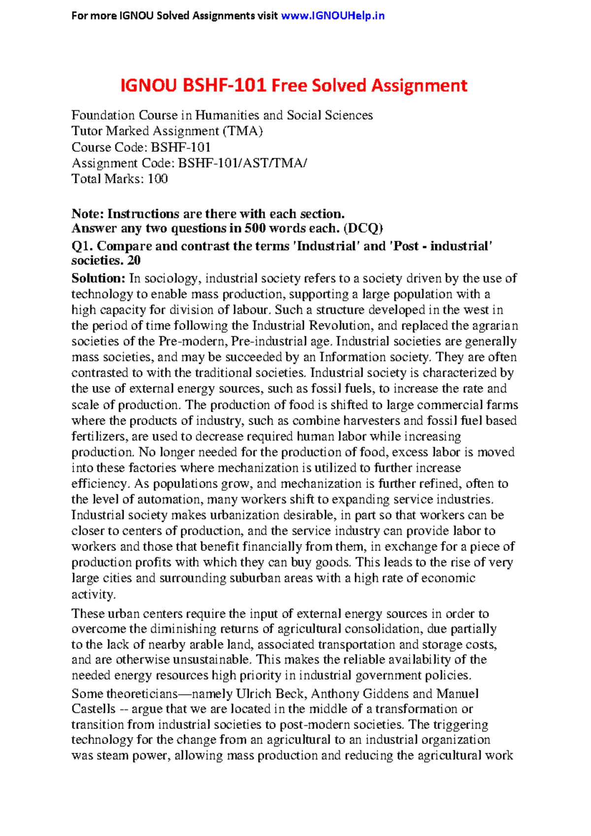 Ignou BSHF-101 Solved Assignments - IGNOU BSHF-101 Free Solved ...