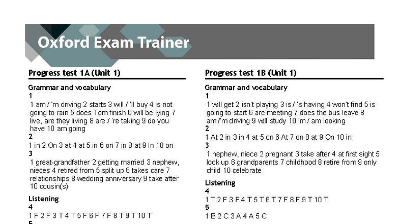 OET B1 Progress Tests Answer Key: Units 1-11 - Studocu