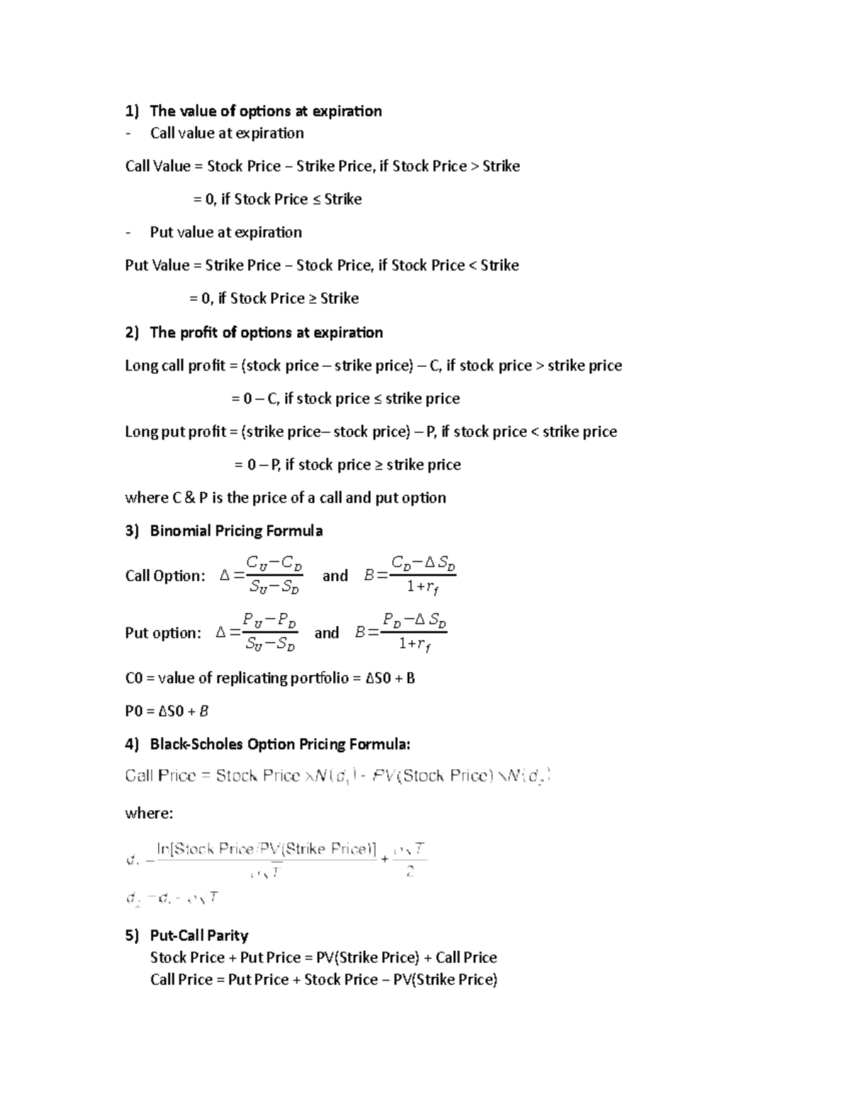 Options Pricing Formula Sheet for Quiz 3 - Studocu