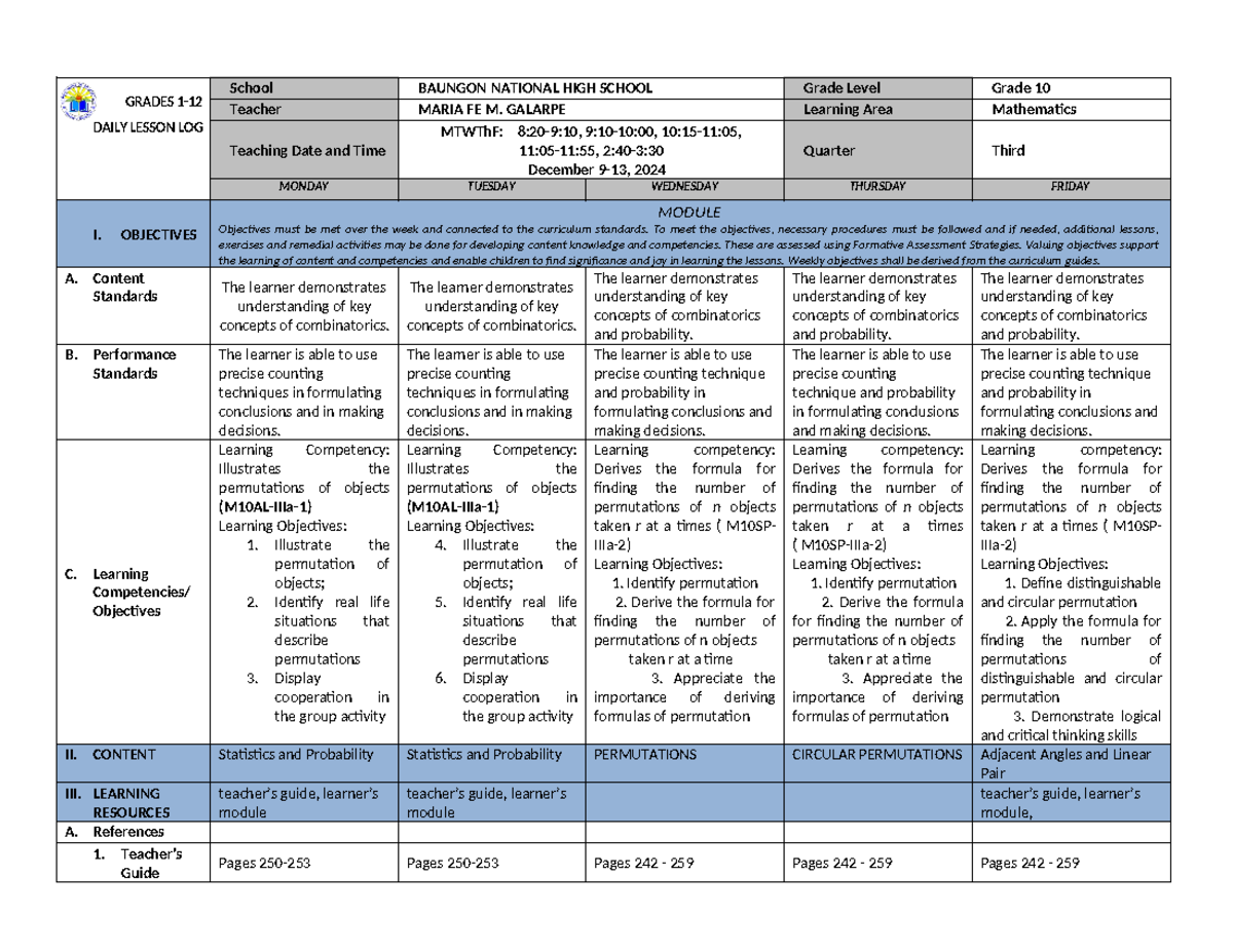 3RD Quarter Weekly Lesson Log: Mathematics (Grade 10 - DLL) - Studocu
