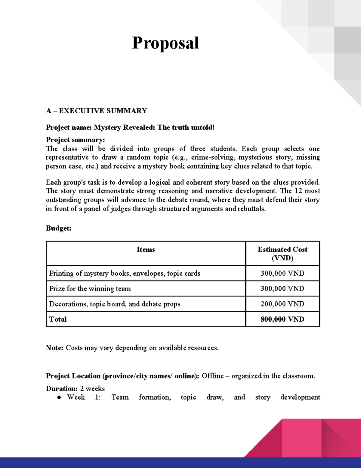 Advanced Reading Class Proposal: Mystery Revealed Project - Studocu