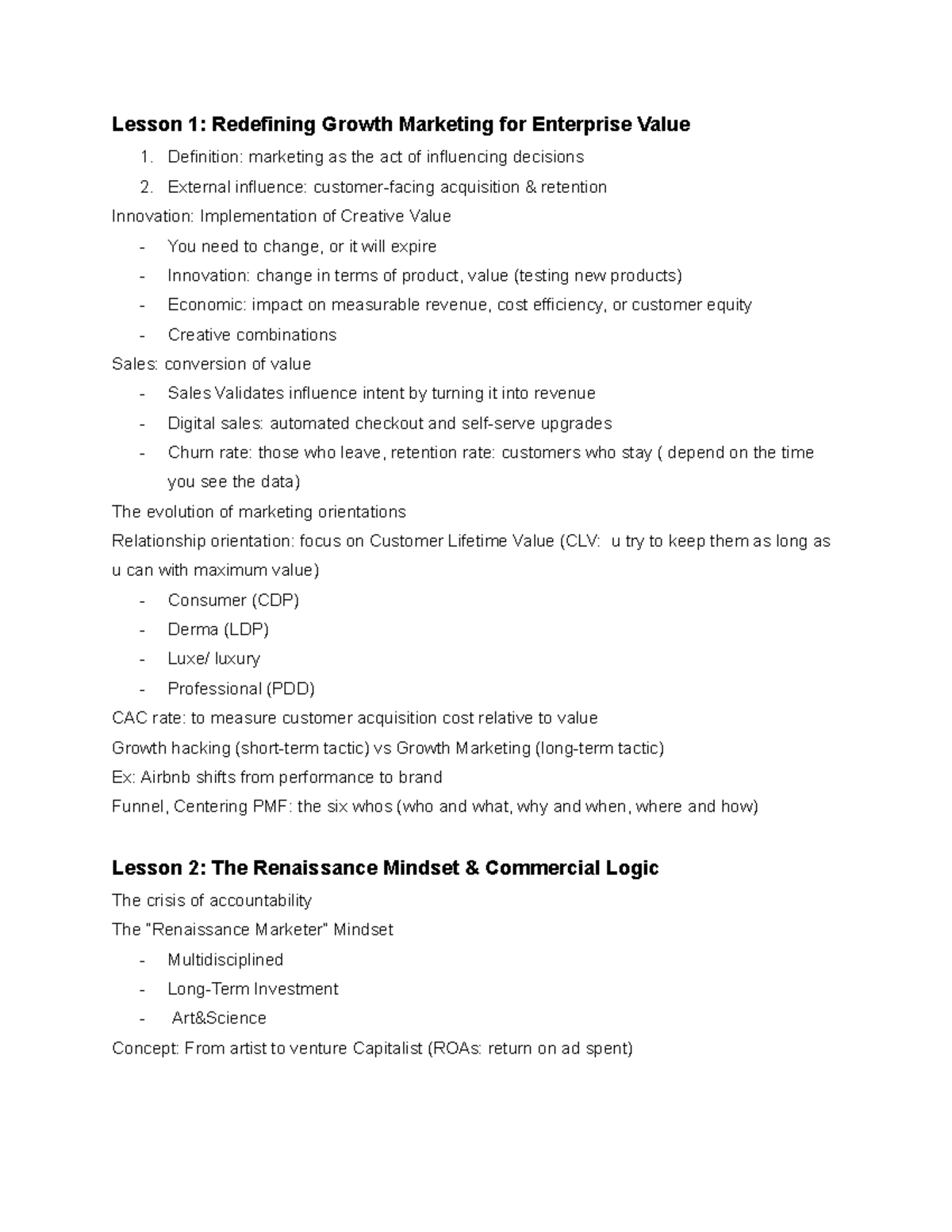 Growth Marketing (GM) - Lesson Notes on Enterprise Value & Strategies ...