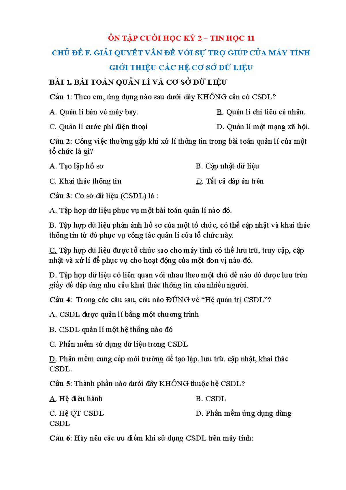 ÔN TẬP CUỐI KỲ 2 TIN HỌC 11: GIẢI QUYẾT VẤN ĐỀ VÀ CSDL - Document Preview