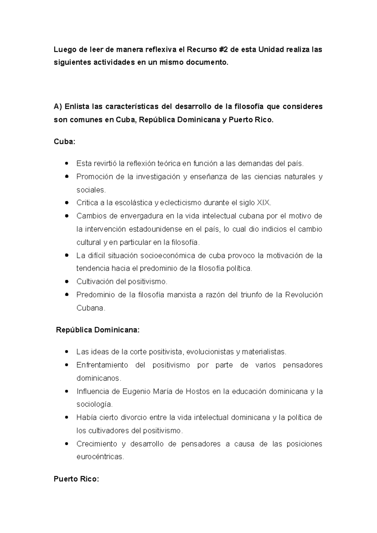 Desarrollo de la Filosofía en Cuba, RD y PR - Unidad 4 Actividad 2 ...