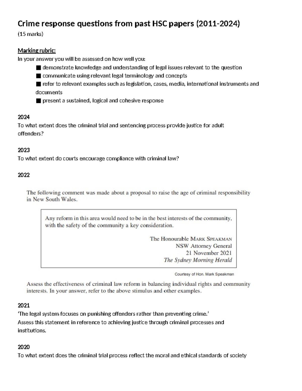 HSC Legal Studies: Past Crime Response Questions (15 Marks) - Studocu