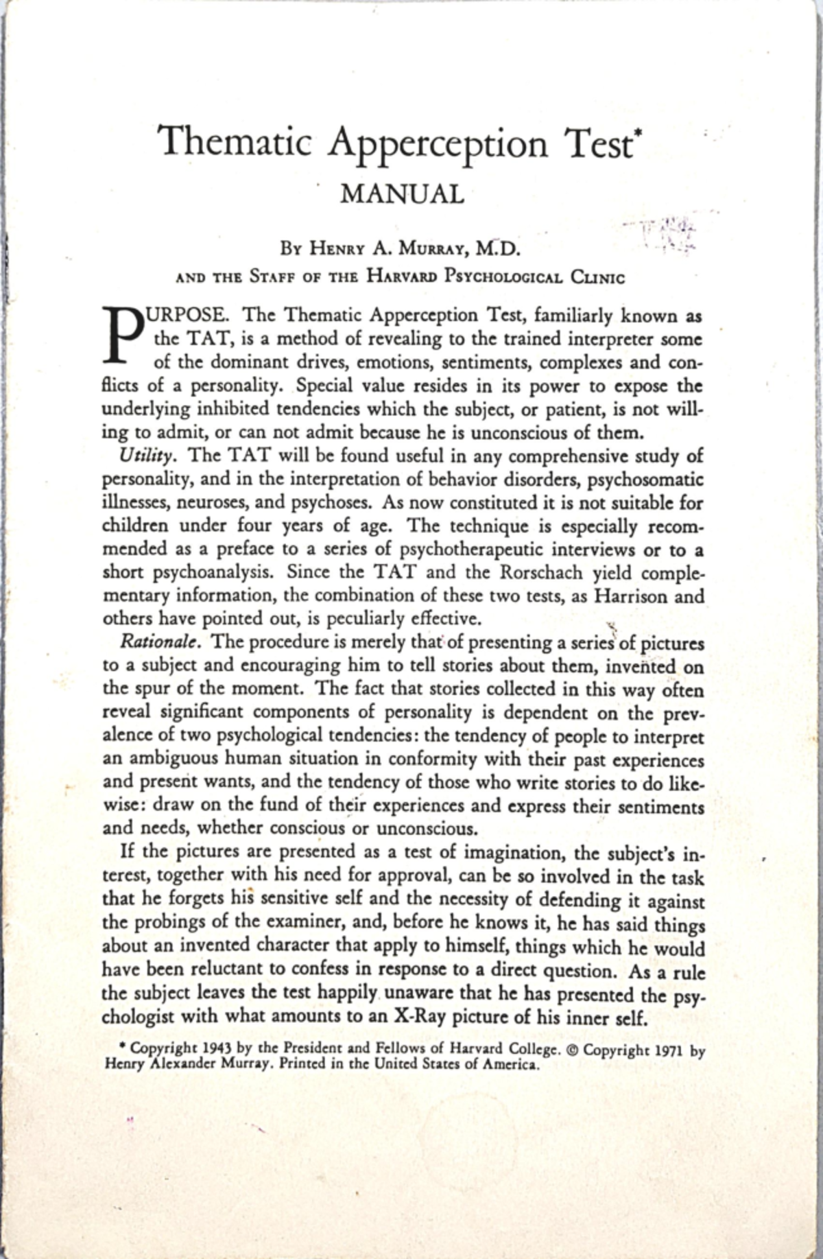 Thematic Apperception Test (TAT) Manual Overview and Guidelines - Studocu