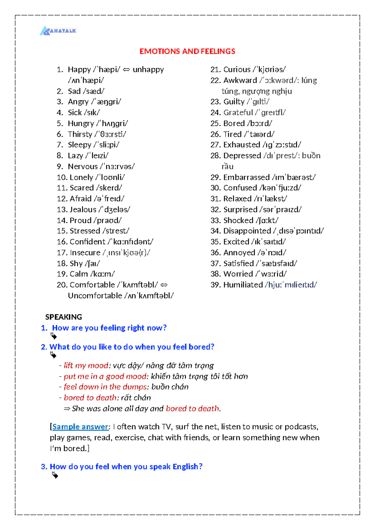 Emotions and Feelings - English Vocabulary Guide - Studocu