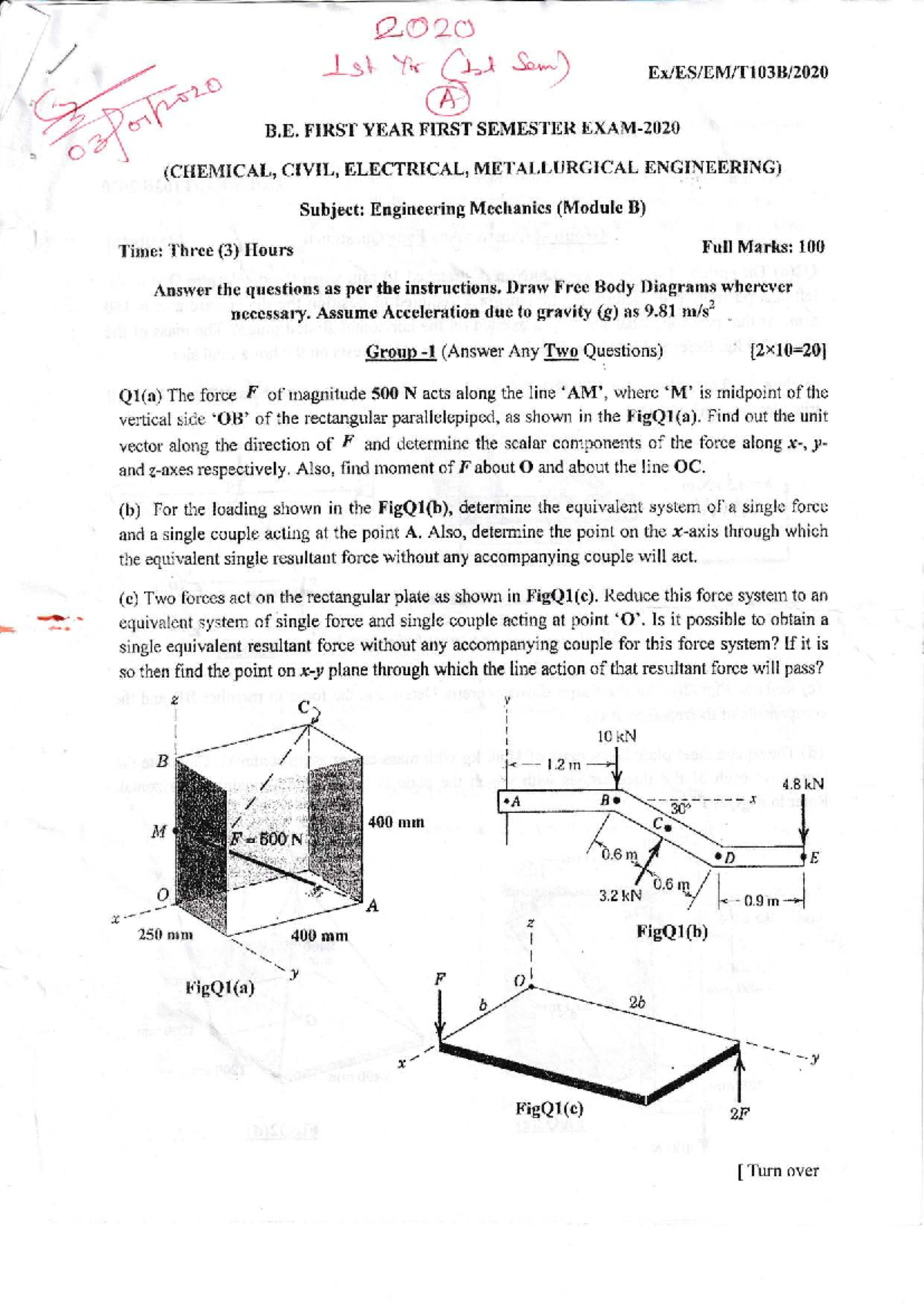 B.E. 1st Year 1st Sem - Engineering Mechanics & Chemistry Exam ...