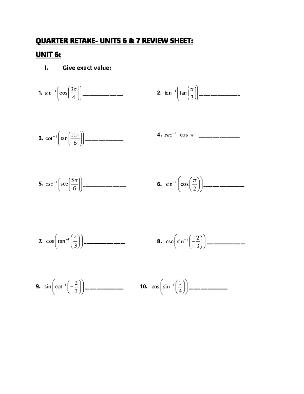 MATH 101: Quarter 3 Retake Review Sheet for Units 6 & 7 - Studocu