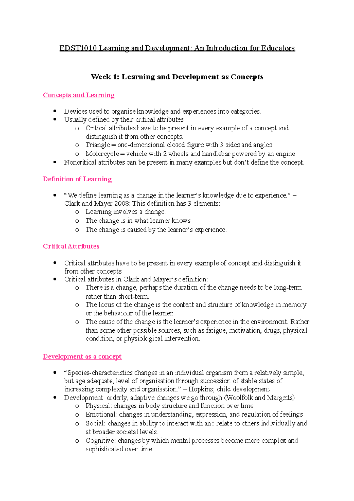 EDST1010 Week 1: Concepts of Learning and Development for Educators ...