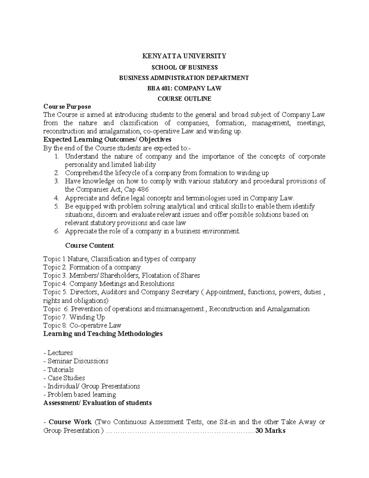 BBA 401: Company Law Course Outline & Study Notes - Studocu