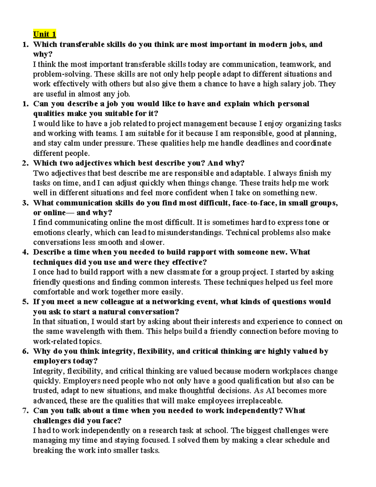 Unit 1-8: Key Questions for Speaking Test Preparation - Studocu