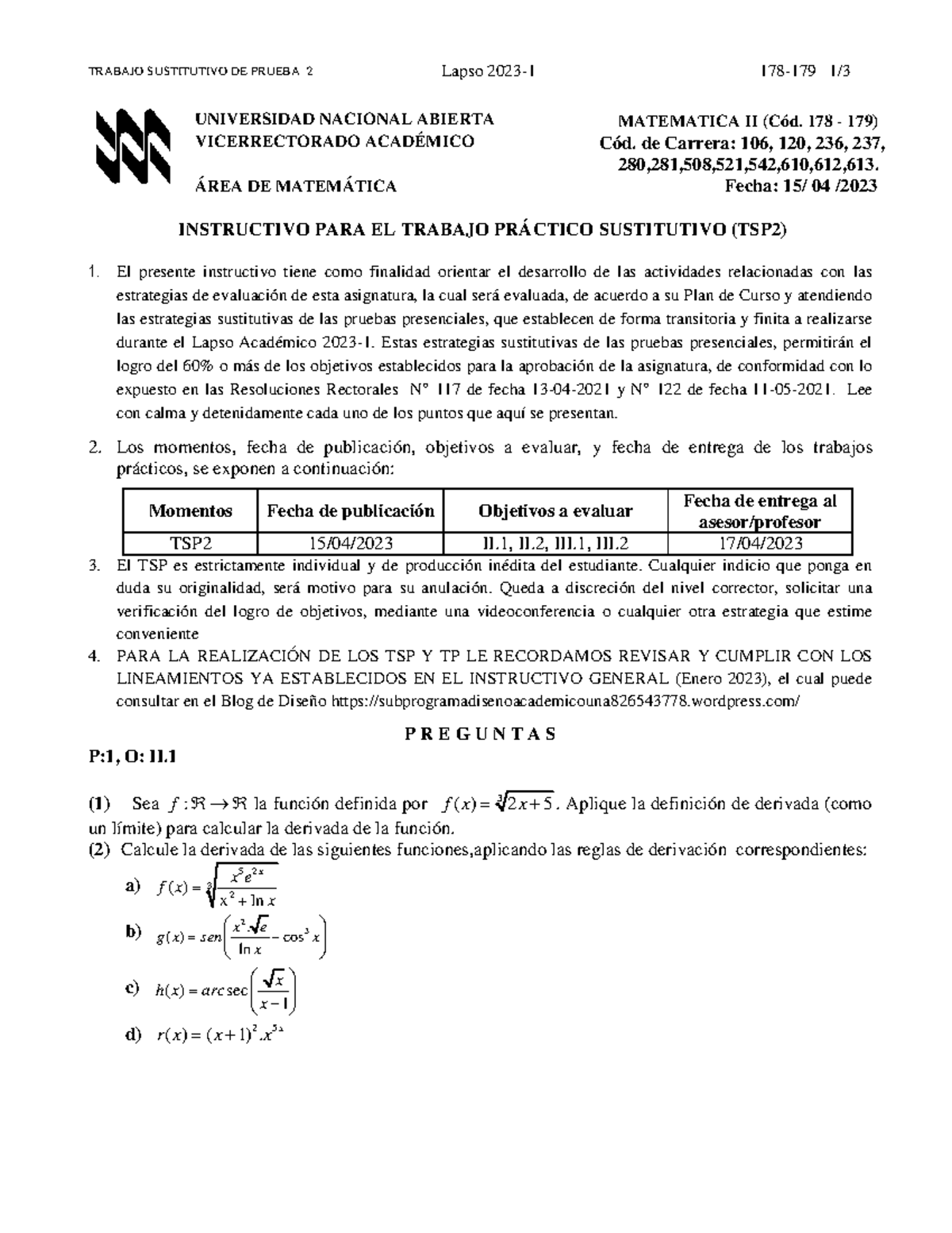 TSP2 2023-1 Matemáticas II: Instructivo para Trabajo Sustitutivo - Document Preview