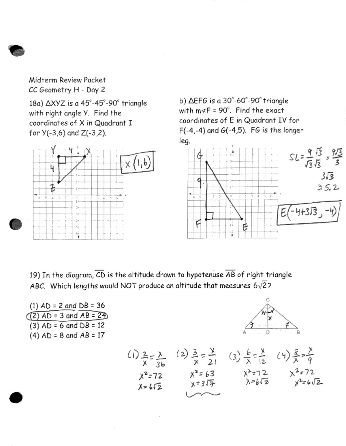 Midterm Review Day 2 KEY - Midterm Review Packet CC Geometry H Day 2 ...