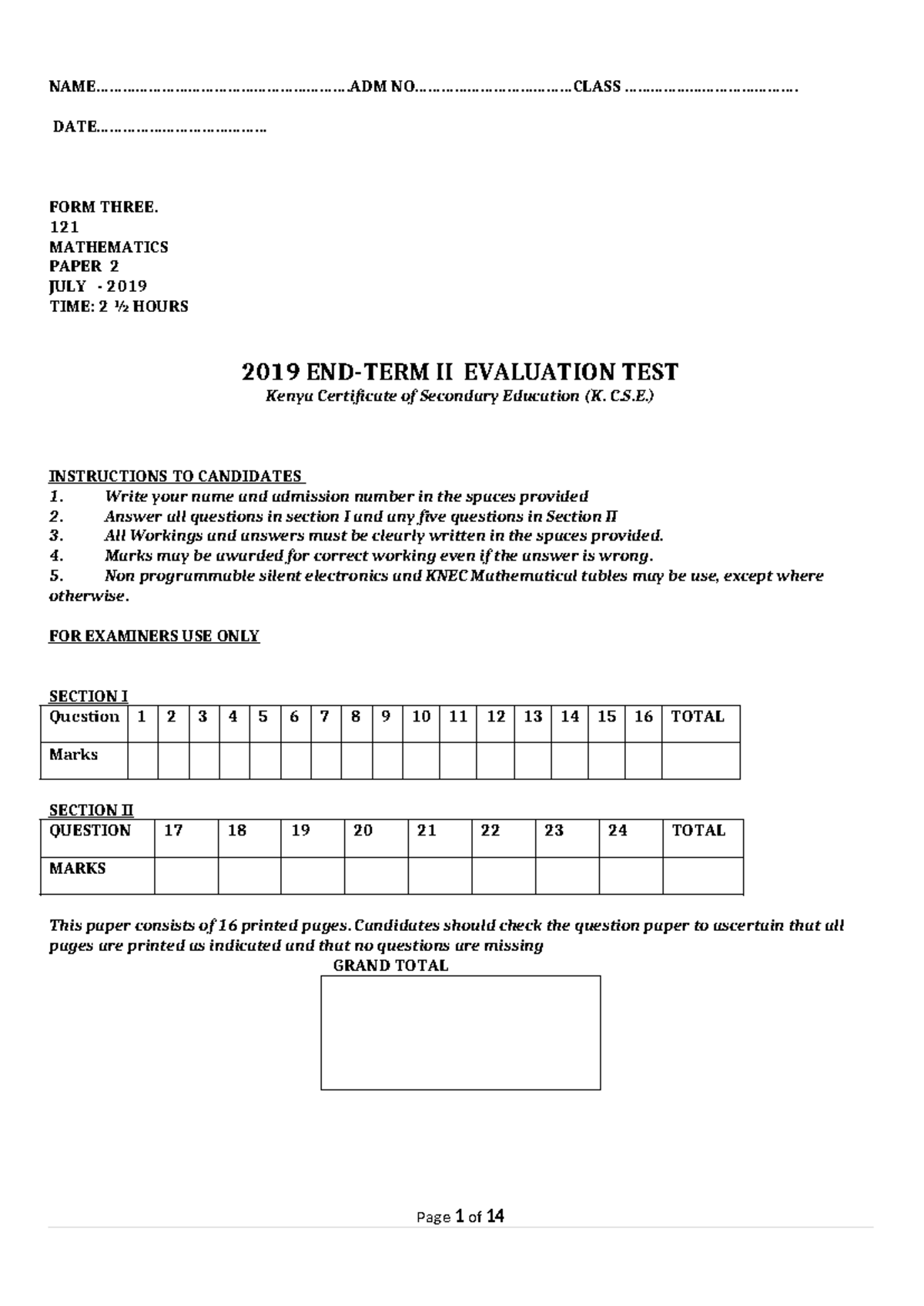 F3 121 Math Paper 2 July 2019 Evaluation Test Questions - Studocu