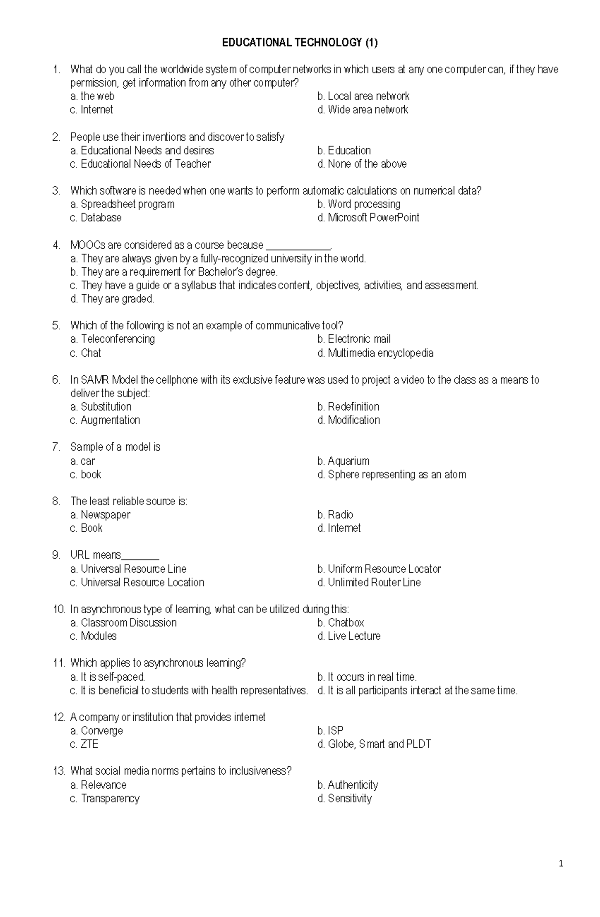 EDUCATIONAL TECHNOLOGY (1-5) Quiz Questions and Answers - Studocu