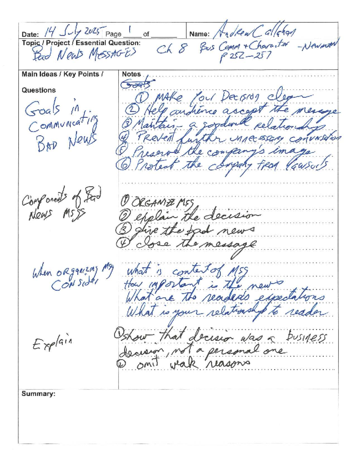 Bus Com Bad News - Note taking is required - BTEC 1230 - Date: of Name ...